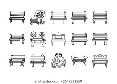 Coleção de ícones de bancada projetado em um estilo simples, plano em um fundo branco. Ideal para design de interface do usuário, aplicativos móveis, ilustrações de parques, catálogos de móveis, infográficos e gráficos de planejamento urbano