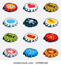 Collection of bended bottle caps with different labels. Vector graphics set.