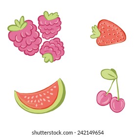 collection of berries: raspberries, strawberries, watermelon, cherry