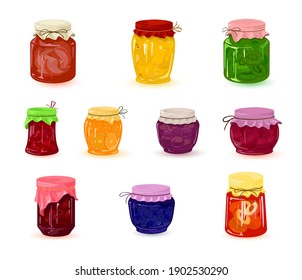 Collection of berry fruit jams, canned sweet food product, dessert for tea. Vector blueberry, apricot, raspberry, plum, orange, cherry, kiwi, peach, pear and apple flavor idea isolated on white