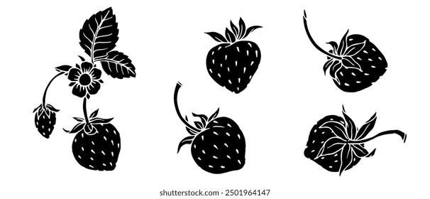 Collection of berry silhouettes, strawberry stamps. Vector graphics.