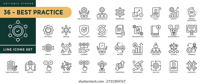 Uma coleção de ícones de práticas recomendadas definidos com traçado editável, incluindo processo, gerenciamento de riscos, estrutura, escalabilidade, política, crescimento, método, experiência, escolha, solução. Ilustração de vetor linear fino