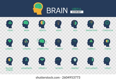 Collection of the best useful icon sets for the brain. Awareness, mental, idea, neurology, thinking, release stress, mindset, smart, learning, mind and vector illustration on transparent background
