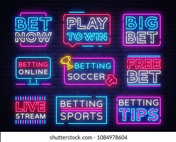 Collection Betting neon signs. Set neon banners Gambling slogan, Casino, Betting design element, Night neon signboard, night bright advertising. Vector illustration