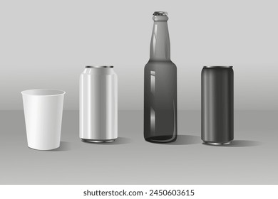 A collection of beverage containers mockups in realistic 3d design. Black and white image with plastic cup, glass bottle and soda tin cans on gray background. Vector illustration.