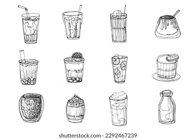 Collection of beverage outline drawing isolated on white background, cafe sweet drink illustration clipart, ink doodle milk tea vector graphic element, trendy drink stylized outline drawing icon