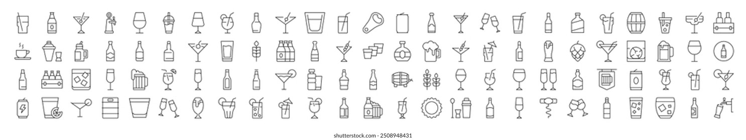 Collection of Beverage Related Line Icons. Editable Stroke for Design, Web Sites, Apps, Cards. Contains Linear Images of Beer, Coffee, Cocktail 