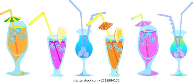 Collection of  beverages, colored cocktails with straw and umbrella