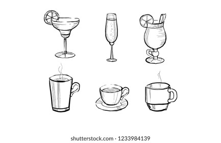 Collection of beverages and hot drinks hand drawn vector Illustration on a white background