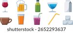A collection of beverages including wine, beer, a green bottle, blue drink, milk carton, coffee cup, orange juice, purple drink, straw, and ice cubes.