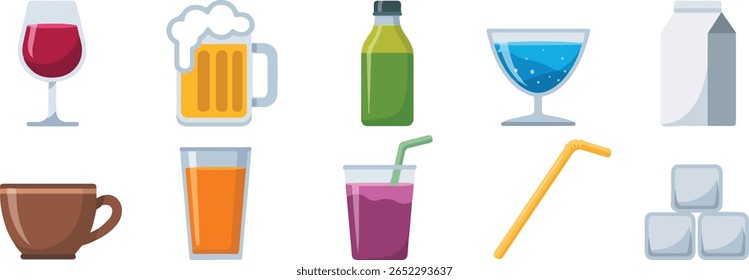 A collection of beverages including wine, beer, a green bottle, blue drink, milk carton, coffee cup, orange juice, purple drink, straw, and ice cubes.