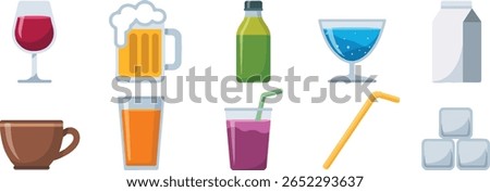 A collection of beverages including wine, beer, a green bottle, blue drink, milk carton, coffee cup, orange juice, purple drink, straw, and ice cubes.