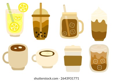 collection of beverages with lemonade, bubble tea, hot latte and coffee