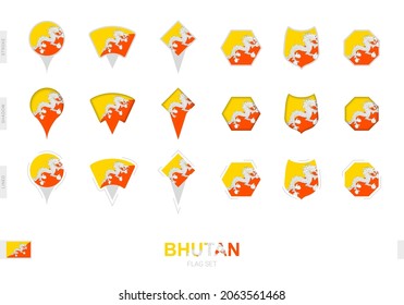 Colección de la bandera de Bután en diferentes formas y con tres efectos diferentes. Indicador de vector establecido.