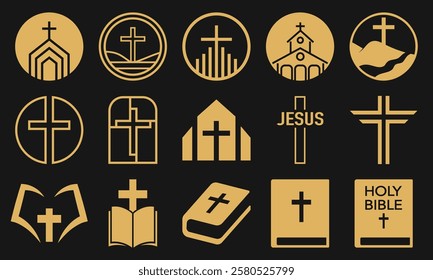 Collection of Bible and Cross logos for church or app. Vector golden christian symbols.