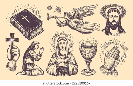 Colección de símbolos de la Biblia. Vector de concepto religioso. Ilustración dibujada a mano en estilo de grabado vintage