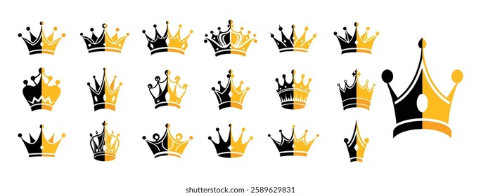 Collection of Bi-Colored Crown Vector Graphics for Elegant Designs, Elegant Bi-Colored Crown Vector Set for Luxury Design Projects.
