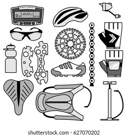 Collection of bicycle accessories vector line-art icons.  For use in printing, posters, web design.