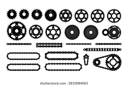 Collection of bicycle gears and chains in black silhouette