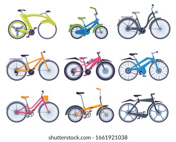 Collection of Bicycles, Ecological Sport Transport, Modern and Retro Bikes, Side View Flat Vector Illustration