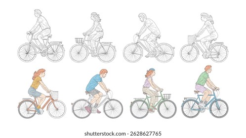 A Collection of bicyclists riding bicycle in a line art illustration, sketch hand-drawn, isolated on a white background.