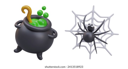 Collection with big black vat with boiling green potion. Realistic cartoon spider spinning web. Decoration for Halloween party. Vector illustration in 3d cartoon style