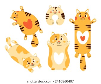 Collection big cats plush toys. Soft large anti-stress cuddly oversized pillow toy. Comfortable cute animal to sleep and play. Isolated vector illustrations in flat style.