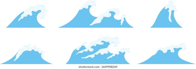 Collection of Big Ocean Waves with White Foam Vector Illustration for Surfing, Marine Decoration, and Sea Scene Design