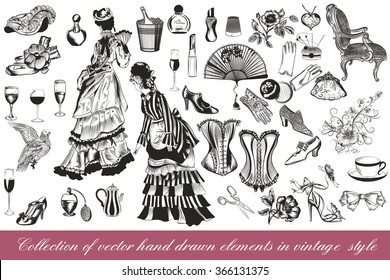 A collection or big set of hand drawn vintage styled elements lady accessories chairs flowers corsets and other