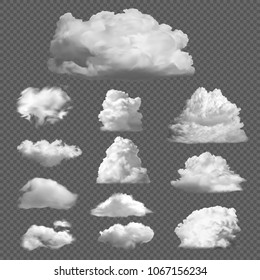 Collection big set of realistic white clouds on a transparent background. Templates of white fluffy clouds, fog, smoke. Vector illustration isolated.