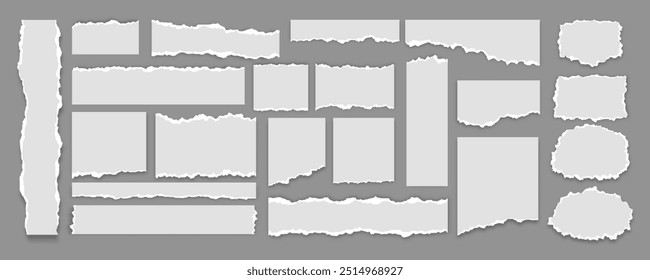 Sammlung eines großen Satzes von weißen zerrissenen Papierblättern mit isoliertem realistischen Schatteneffekt, Sammlung von zerrissenen Papierstreifen Element Set