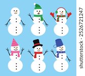 Collection of Big White Snowman with Winter on Blue Background