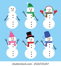 Collection of Big White Snowman with Winter on Blue Background