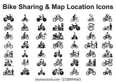 Collection of bike sharing and map location icons isolated on white background