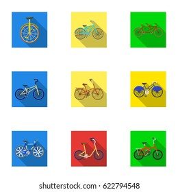 Collection of bikes with different wheels and frames. Different bikes for sport and walks.Different bicycle icon in set collection on flat style vector symbol stock illustration.