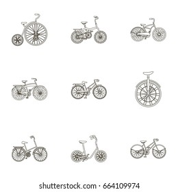 Collection of bikes with different wheels and frames. Different bikes for sport and walks.Different bicycle icon in set collection on outline style vector symbol stock illustration.