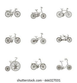 Collection of bikes with different wheels and frames. Different bikes for sport and walks.Different bicycle icon in set collection on outline style vector symbol stock illustration.
