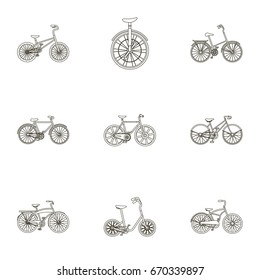 Collection of bikes with different wheels and frames. Different bikes for sport and walks.Different bicycle icon in set collection on outline style vector symbol stock illustration.