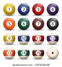 Collection of billiard pool or snooker balls with numbers and shadow isolated on white background. Vector illustration.