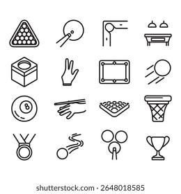 Collection of billiard sports icons. Thin line style vectors. Contains icons such as billiard table, balls, gloves and more.