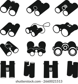 Coleção de Silhuetas de Ícone Binocular, ícone plano binocular, Silhueta Durbin, Telescópio Ilustração de Vetor