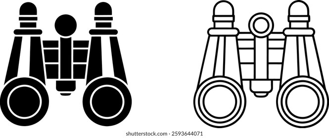 A collection of binocular vector icons in both outline and silhouette styles. The design includes black and white illustrations representing adventure, travel, and exploration tools.