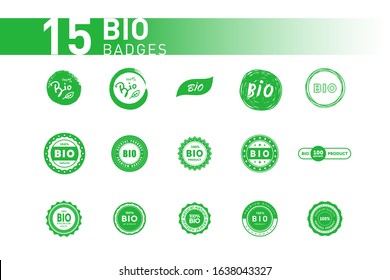 Collection of bio badghes. Design element for packaging design and promotional material. Vector stock illustration.