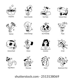 Collection of Bio and Science Hand Drawn Style Icons 

