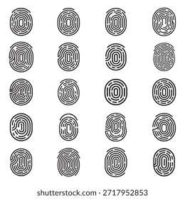 Una colección de íconos biométricos de identidad y seguridad, incluyendo Elementos de huellas dactilares y escaneo facial, presentados aislados sobre fondo blanco.