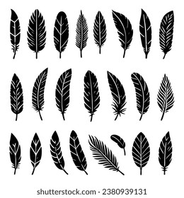 A collection of bird feathers set icon. Feather silhouette. Vintage pen for calligraphy. Plumelet collection. Vector isolated on white