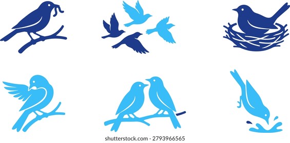 Collection of bird icons flying perching nesting drinking feeding interacting in nature branches water symbols.