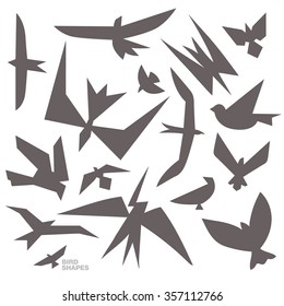 Collection of bird shapes in flat line art stylistics. Decoration vector elements for greeting cards, postcards, wedding invitations