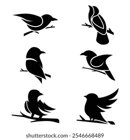 Collection of bird silhouette logos perched on tree branches