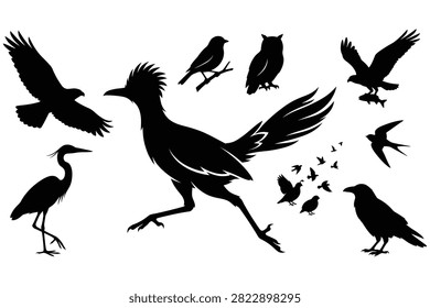 Collection of bird silhouettes including crane owl raven crow and small birds